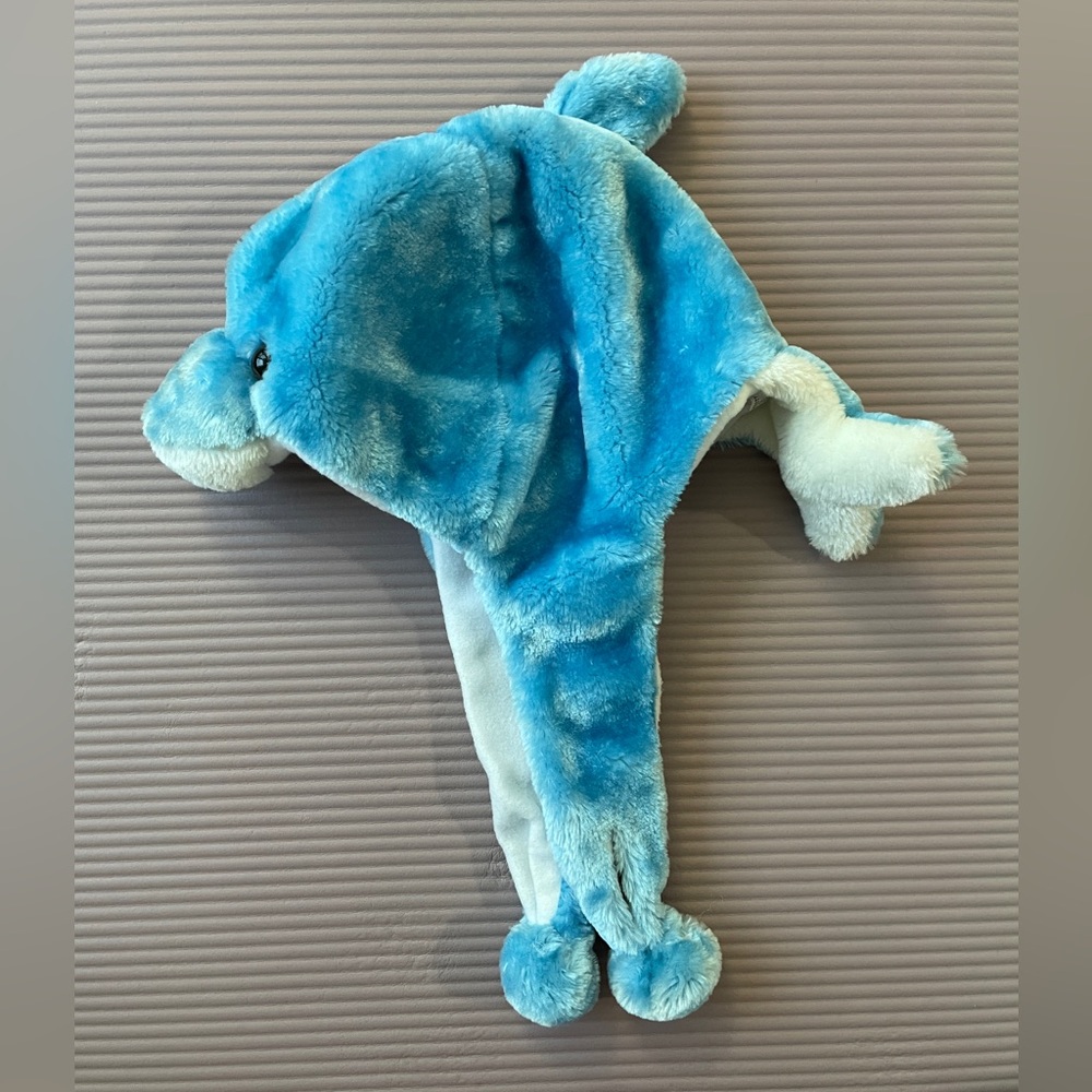 Blue dolphin animal trapper ear warmer flap hat fuzzy furry warm cute kids adult